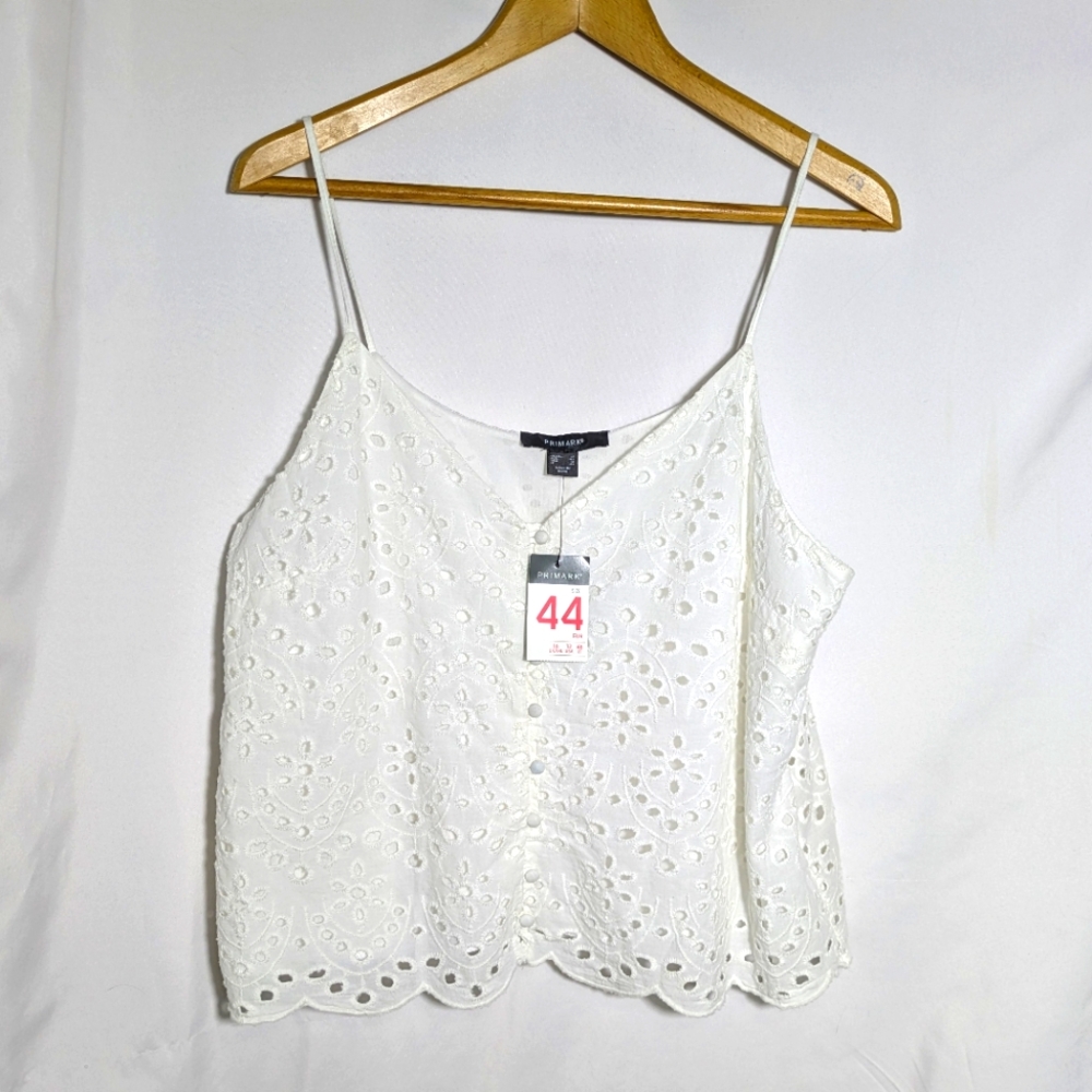 NWT Primark‎ White Button Down Eyelet Lace Crop Cami Top, Spaghetti Straps Sz 12